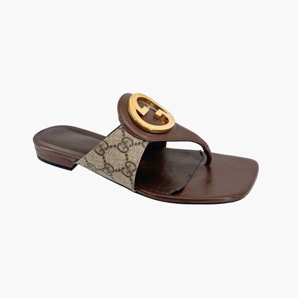 Gucci Blondie GG Flat Thong Sandals Beige Monogram Leather Size 37 US 7 Women - Picture 9 of 15